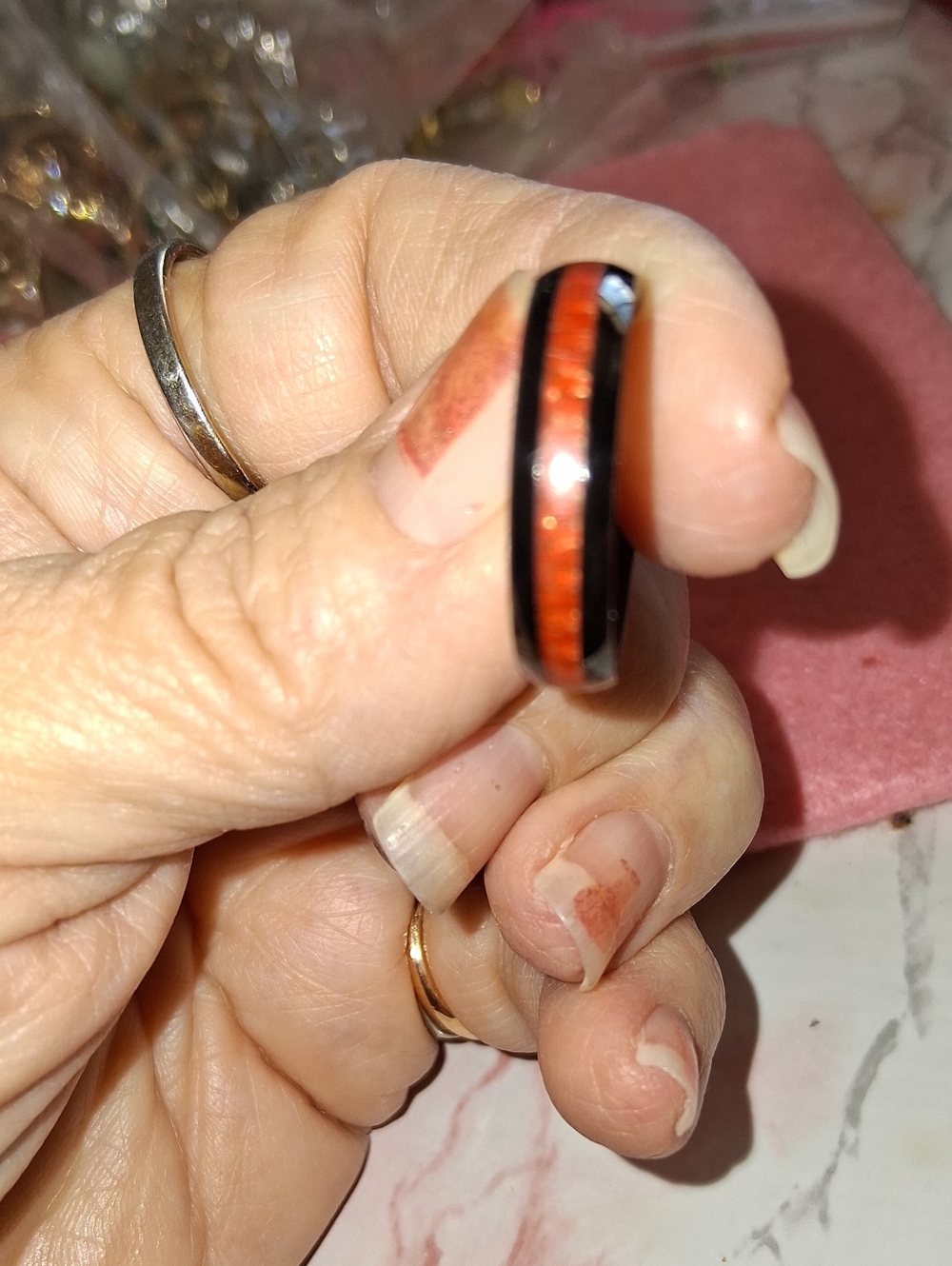 Source Unknown Orange and Black Oval Inlay Ring